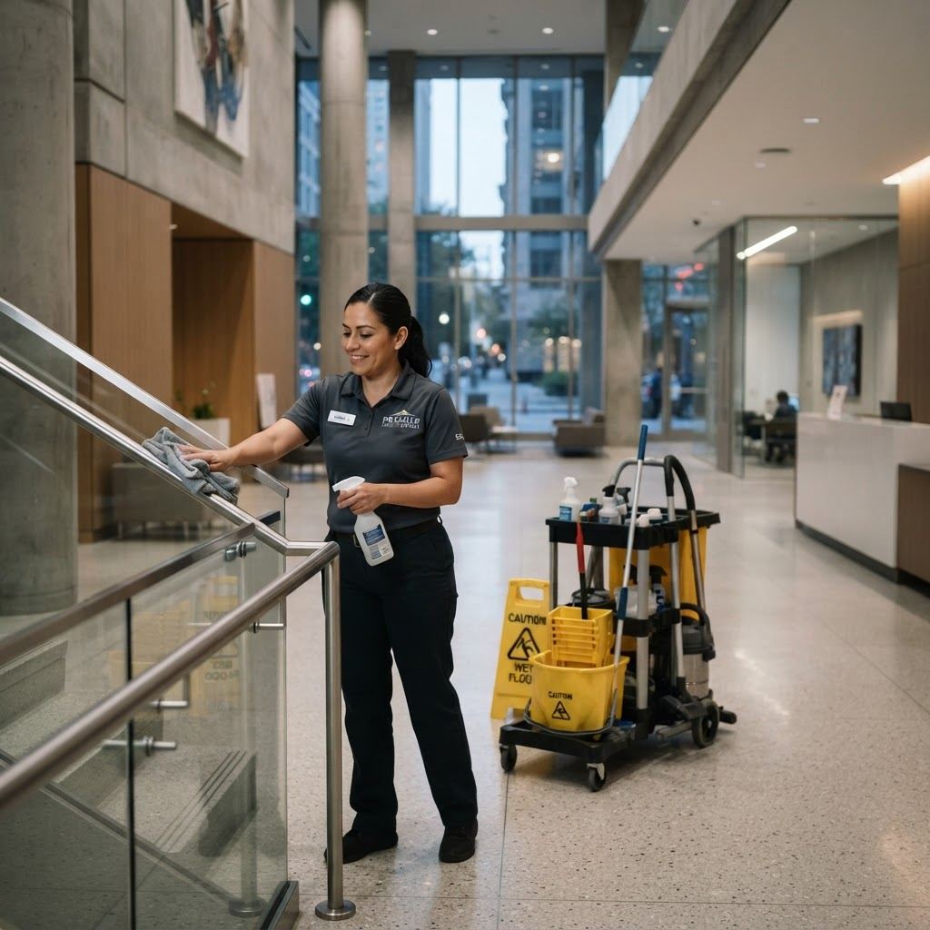 Facility worker servicing a commercial building lobby