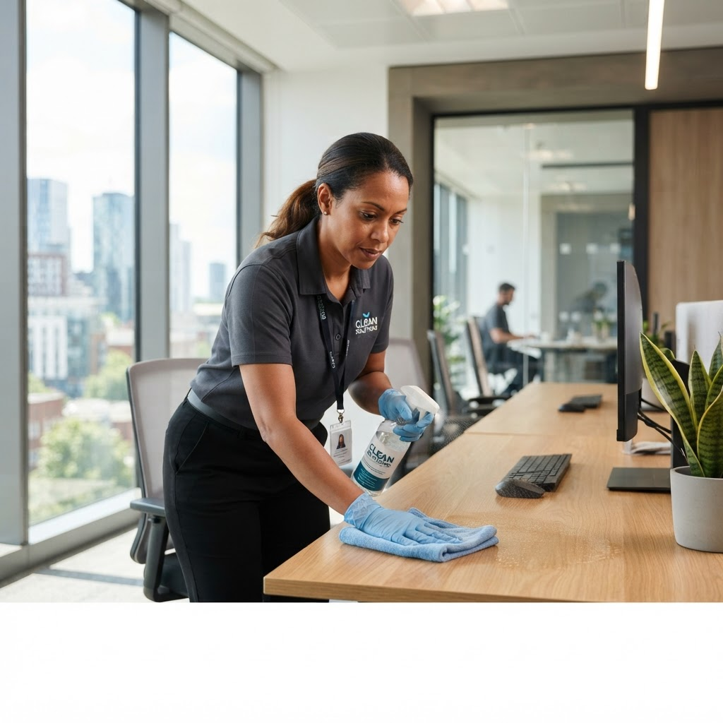 Cleaner polishing a modern office surface