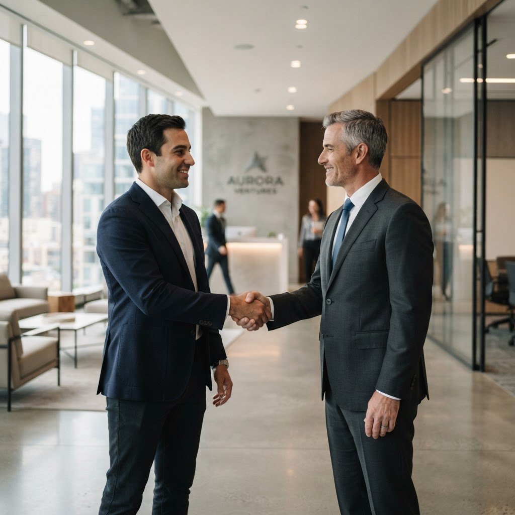 Two professionals shaking hands in an office