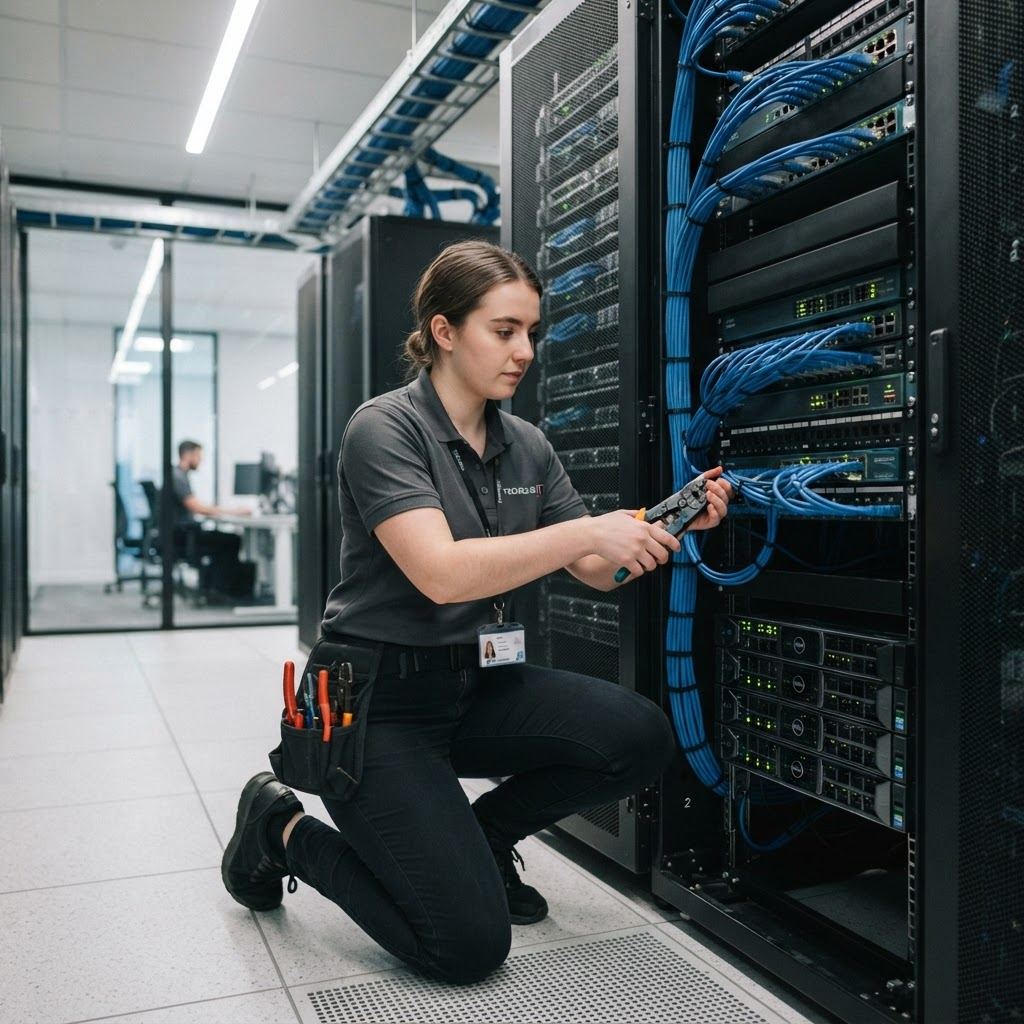 IT technician setting up network server racks